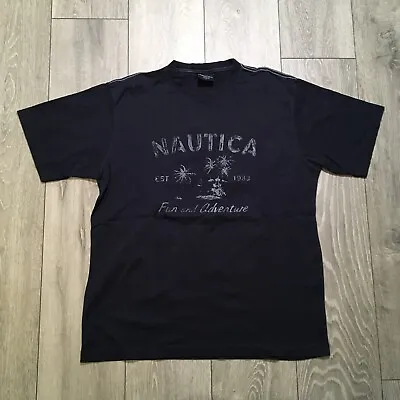 Nautica Dark Blue Print Cotton T-shirt - Size Large • £9