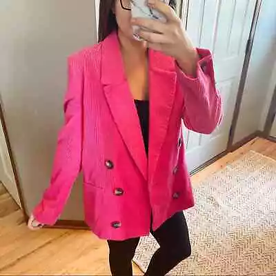 $58 • Buy ZARA Fuchsia Pink Power Blazer Jacket Ribbed Velvet Small / Medium NEW