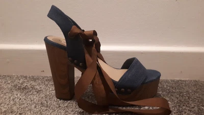 £10 • Buy Women's Wedge Sandal Style Shoes, Lace Up The Calf, Blue Denim, Size 6