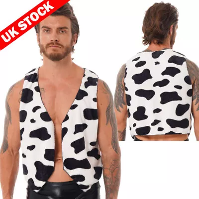 UK Mens Dress Up Cow Print Vest Sleeveless Open Front Short Coats Vintage Hippie • £16.99