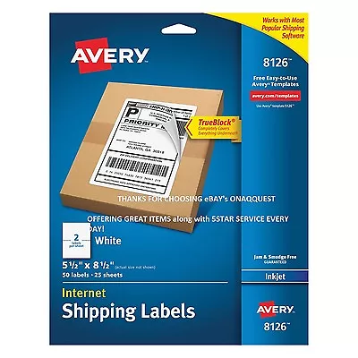 Avery 8126 InkJet MAIL SHIPPING LABELS 50 Pk Perforated WHT TrueBlock UPS Postal • $18.96