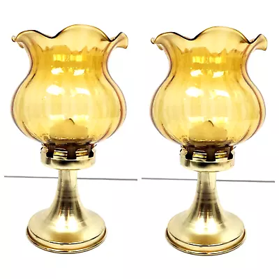 Vintage Set Of 2 Pair Brass Votive Candle Holder Amber Glass Hurricane • $19.99