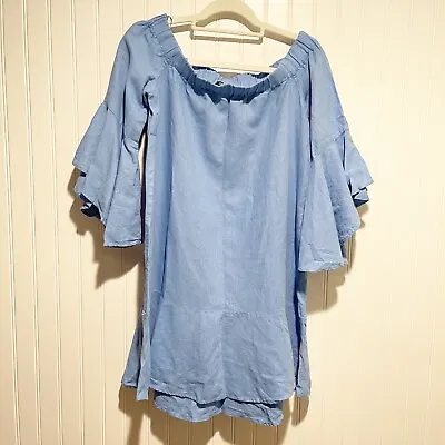 Zara Blue Bell Sleeve Off The Shoulder Mini Dress Linen Blend Size XS • $12.50