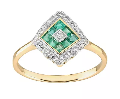 9ct Yellow Gold Emerald & Diamond Ring Sizes J To S - ART DECO Design • £149.95
