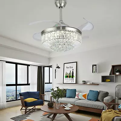 42  Crystal LED Chandelier Invisible Ceiling Fan Light Ceiling Lamp W/ Remote • $113.05