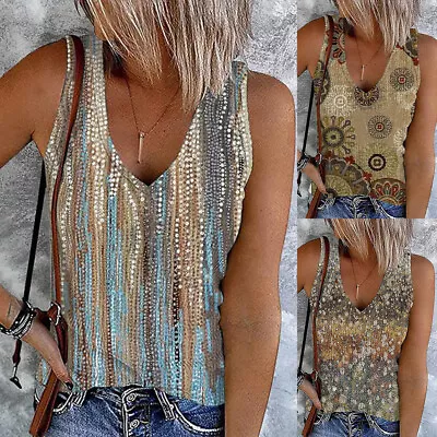 $14.49 • Buy Women Print V-Neck Sleeveless Tank Vest Top Ladies Summer Holiday Casual T-Shirt