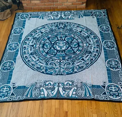 Mexican Mayan Calandar Blanket 91x81 7.5x7 Queen Full Blue Bedspread Q31 • $44.90