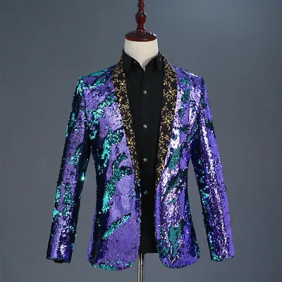 Men Reversible Two Tone Glitter Sequins Suit Jacket Blazer Dance Stage Coat Tops • $62.24