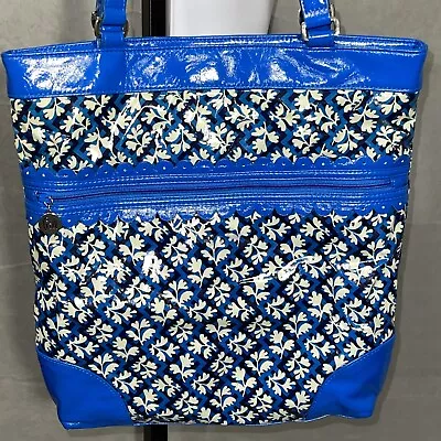 Vera Bradley Frill Tote Handbag Blue White Magnetic Close Zip Pocket Vinyl • $15.29