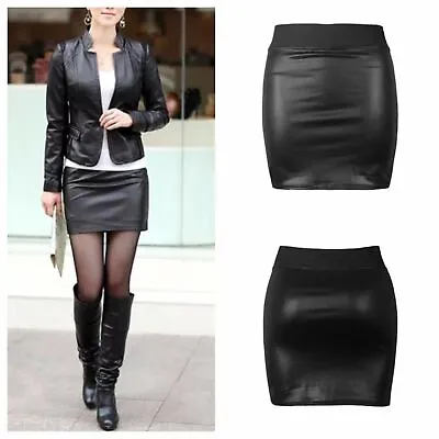 New Womens Black Pvc Wet Leather Look Mini Pencil Tube Bodycon Skirt Size 8-26 • £6.12
