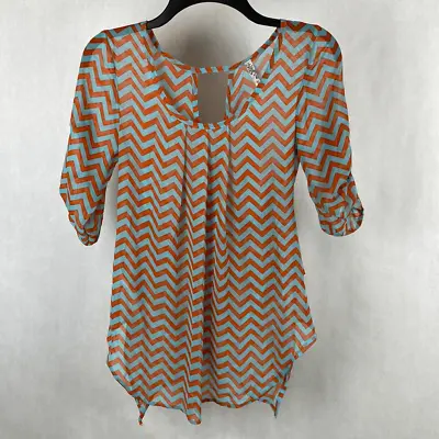 Yahada Sheer Blouse Top Shirt Size Small Turquoise Orange Chevron 3/4 Sleeve • $15