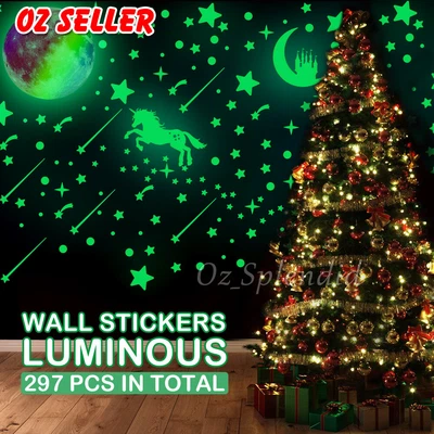 297PCS Glow In The Dark Rainbow Moon Stars Unicorn Wall Stickers Kids Room Decor • $5.45