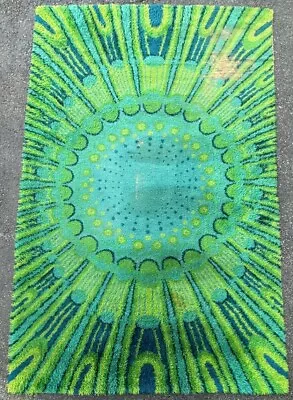 Large Green Blue Abstract 5 X 8 VTG Hand Knotted Wool Rya Style Scandinavian Rug • $699.95