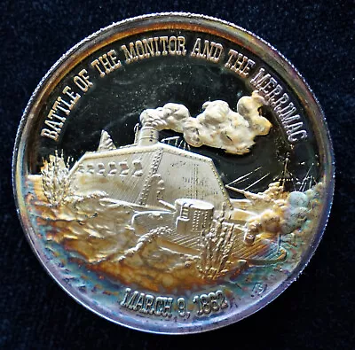 Civil War Battle Monitor Vs Merrimac Ironclad Ships 925 Silver Art Round C2165 • $320