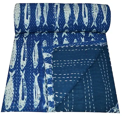 £35.99 • Buy Indian Kantha Quilt Bedding Throw Indigo Fish Print Bedspread Cotton Handmade