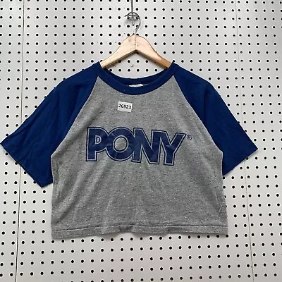 Vintage 80s PONY Cropped Raglan Shirt Gray Blue Fits Womens Large  18.5x16.5 • $23.99