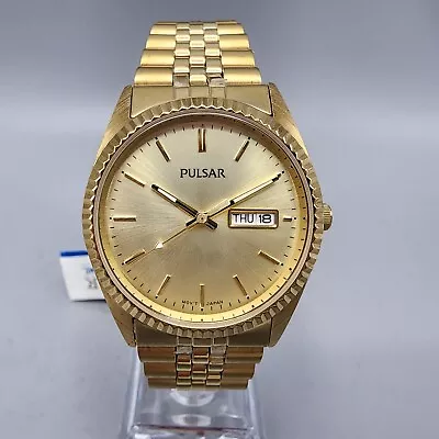 Pulsar Watch Men 36mm Gold Tone Gold Dial Daydate Round PXF306 New Battery • $59.99