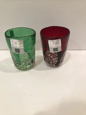 Set Of 2 Original Murano Glass Omg Drinking Glasses Signed 3 1/2” Red And Green • $72
