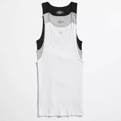 3 Pc Men 100% Cotton A-Shirt Tank Top Ribbed Undershirt Wife Beater Black White • $12.99