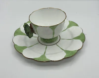 Green & White Aynsley Butterfly Handle Art Deco Teacup Saucer • £378.47