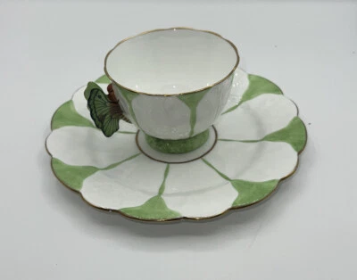 Green & White Aynsley Butterfly Handle Art Deco Teacup Saucer • £378.47