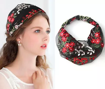 Women Retro Boho Flower Embroidery Lace Yarn Wide Hair Headband Band Bandana • $9.99