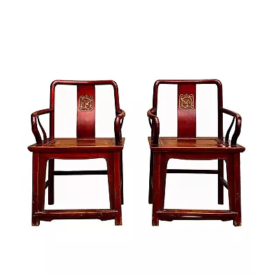 Pair Chinese Vintage Motif Carving Accent Brown Stain Armchairs Cs7569 • $1937