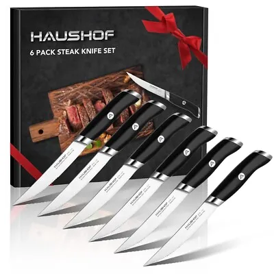HAUSHOF 6PK Steak Knives Set German Stainless Steel Premium Serrated W/Gift Box • $33.99