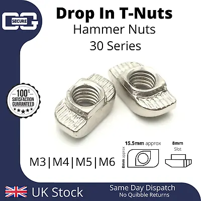Drop In T-nut M3 M4 M5 M6 Hammer T Nut Aluminum Extrusion 30 Series 3030 T-Slot • £27.25