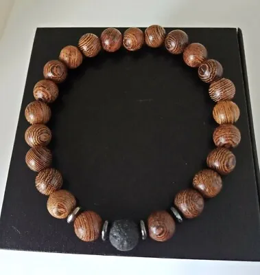 8mm Wooden With Natural Lava Stone Beads Stretchy Men's Bracelet UK Seller • £4.50