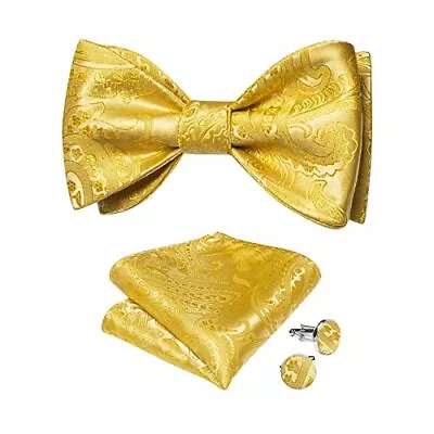 Yellow Gold Paisley Bow Tie For Tuxedo Men's Silk Woven Self Bowtie Pocket Sq... • $24.26