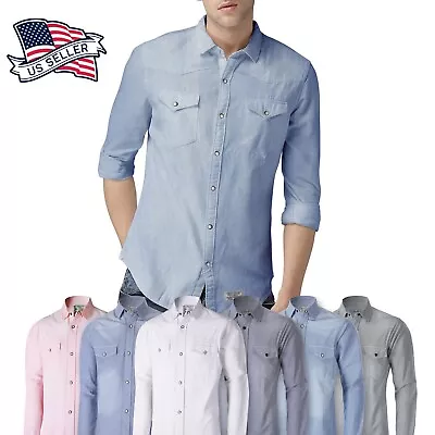 Mens Casual Button Down Shirts Long Sleeve Western Pockets • $21.99