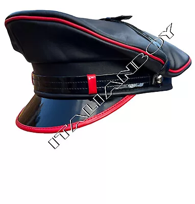 Black Leather BikerArmyMuirPolice Gay Cap With Red Trim Peak  • £40.99