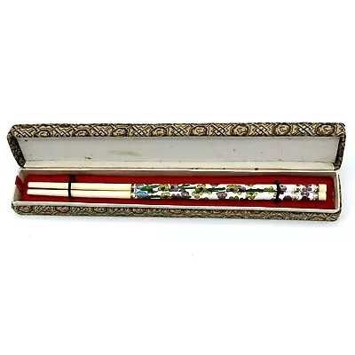 Vintage Enamel Floral Cloisonné Asian Chopsticks In Box 8 5/8” Green Purple • $9.99