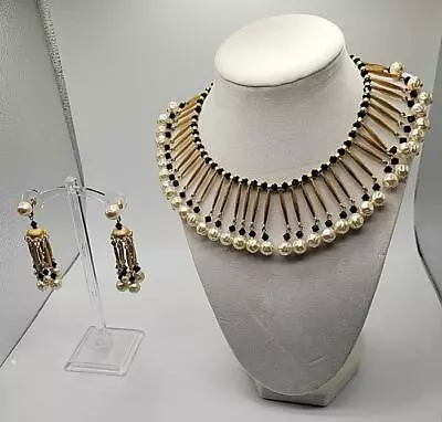 £105.13 • Buy Crown Trifari Egyptian Revival Necklace Gold Tone Pearl Onyx Choker W/ Earrings