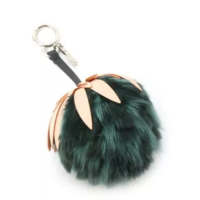 FENDI Dark Green Fur & Leather Pineapple Bag Charm Key Ring Keychain W/Box Mint • $604.78