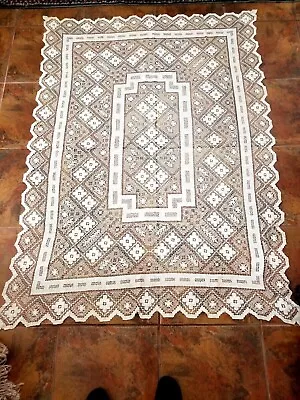 Antique Handmade Cotton Filet Needle Lace Tablecloth 68  X 48  Ecru In Color. • $72