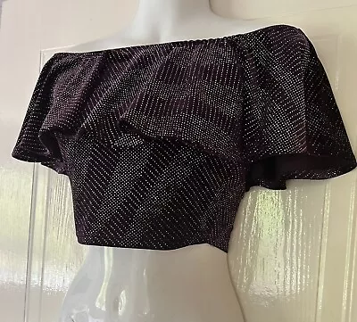 New Look Petite Xmas Purple Velvet Sparkly Bardot  Party Crop Top Size 12 Vgc • £1.99