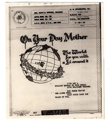 1945 WWII Illustrated V-Mail - Mother's Day Naval Censor APO 557 • $17.50