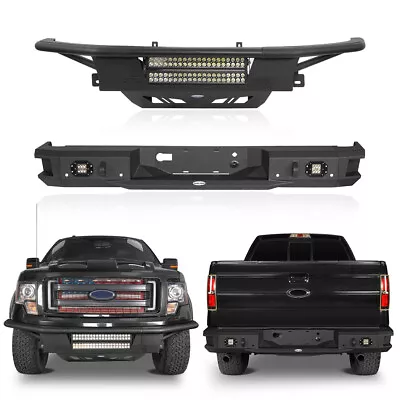 Black Steel Front Rear Bumper W/Skid Plate & LED Lights For 2009-2014 Ford F150 • $499.32