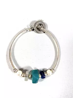 Silver Tone Curved Bar Blue Beach Glass Toggle Bracelet 7 Inch • $9.09