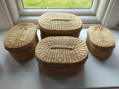 Vintage Set Of 4 Sweetgrass Nesting Baskets Trinket Boxes With Lids Boho Natural • $21.95