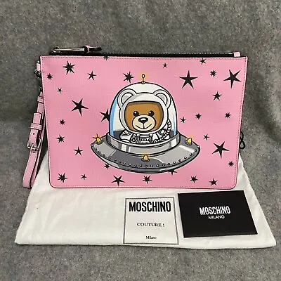 NWT Moschino Space Bear And Logo Large Pouch Clutch Bag With Wristlet Pink • $249