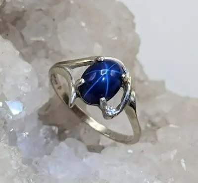 10K White Gold Blue Lindy Star Sapphire And Diamond Ring Size 7 • $149