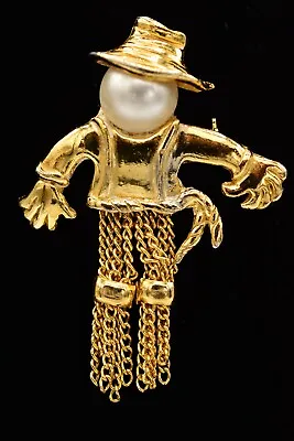 $17.56 • Buy Vintage Scarecrow Pin Brooch Pearl Multi-Chain Fringe Gold Fall Autumn 80s BinAC