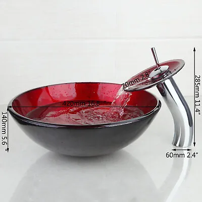 £69.98 • Buy UK Bathroom Red Round Tempered Glass Basin Set Vessel Vanity Sink Bowl + Faucet