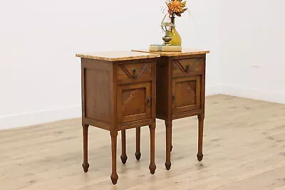 Pair Of French Design Vintage Carved Oak Nightstands Marble #47219 • $2075