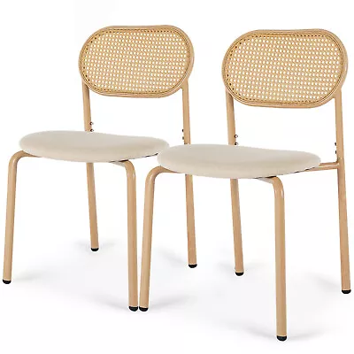 Set Of 2 Boho Dining Chairs Upholstered W/Rattan BackMetal Legs For Living Room • $89.99