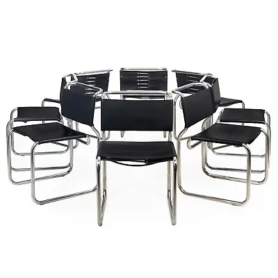 Set Of 8 Double-Cantilever Black Leather  CH66  Dining Chair By Nicos Zographos • $9600