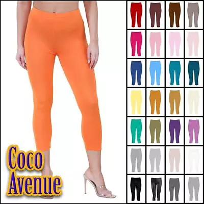 Ladies Plain Crop Leggings 3/4 Length Skinny Active Yoga Gym Workout Capri Pants • £6.62